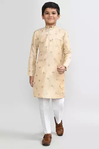 Kids boy beige satin silk blend straight kurta pant set