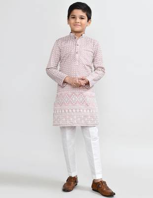 Kids boy onion pink Art silk straight kurta pant set 1