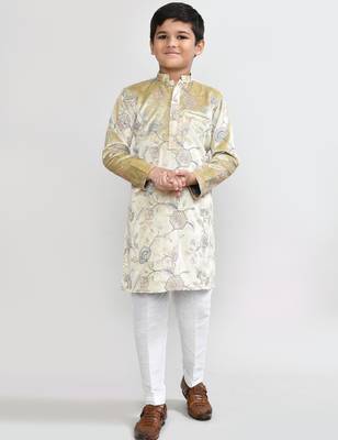 Kids boy golden velvet straight kurta pant set 1