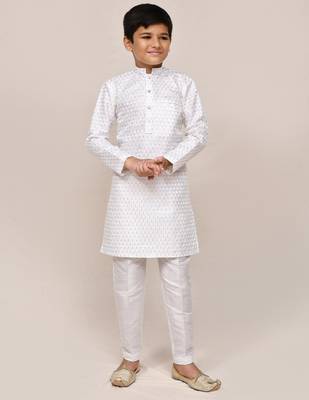 Kids boy white Art silk with thread & sequence work straight kurta pant set 1