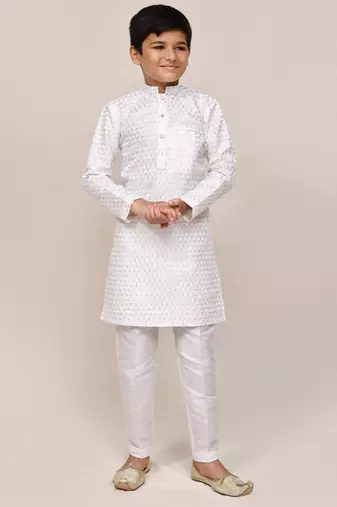 Kids boy white art silk with thread & sequence work straight kurta pant set