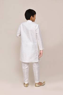 Kids boy white Art silk with thread & sequence work straight kurta pant set 2