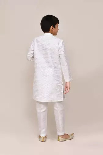 Kids boy white Art silk with thread & sequence work straight kurta pant set