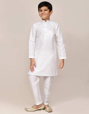 Kids boy white Art silk with thread & sequence work straight kurta pant set 3