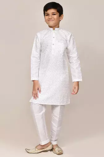 Kids boy white Art silk with thread & sequence work straight kurta pant set