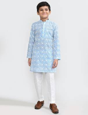 Kids boy skyblue cotton straight kurta pant set 1
