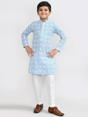 Kids boy skyblue cotton straight kurta pant set 2