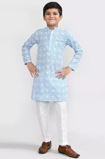 Kids boy skyblue cotton straight kurta pant set