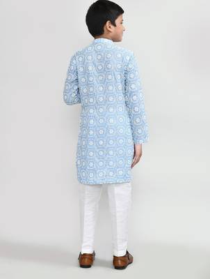 Kids boy skyblue cotton straight kurta pant set 3