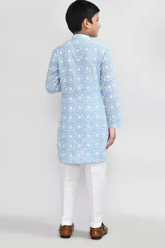 Kids boy skyblue cotton straight kurta pant set