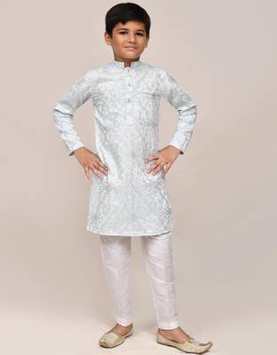 Kids boy sky blue silk blend based therad work straight kurta pant set 1