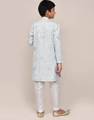 Kids boy sky blue silk blend based therad work straight kurta pant set 2
