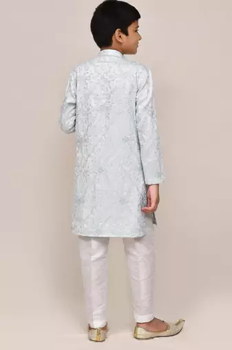 Kids boy sky blue silk blend based therad work straight kurta pant set