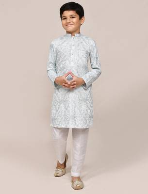 Kids boy sky blue silk blend based therad work straight kurta pant set 3