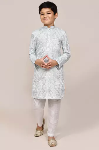 Kids boy sky blue silk blend based therad work straight kurta pant set
