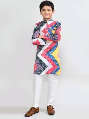 Kids boy multicolour satin silk blend straight kurta pant set 1