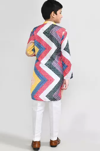 Kids boy multicolour satin silk blend straight kurta pant set