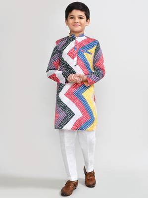 Kids boy multicolour satin silk blend straight kurta pant set 3