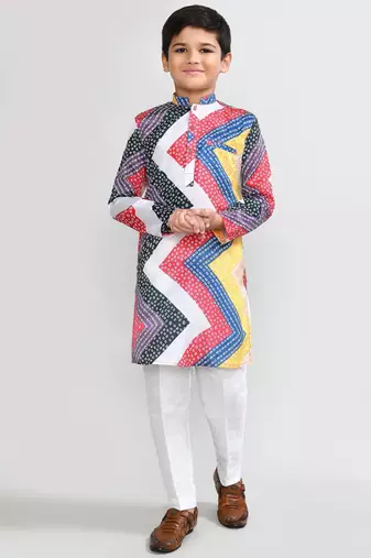 Kids boy multicolour satin silk blend straight kurta pant set