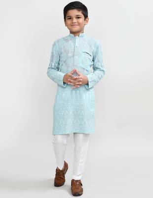 Kids boy aqua blue georgette straight kurta pant set 1
