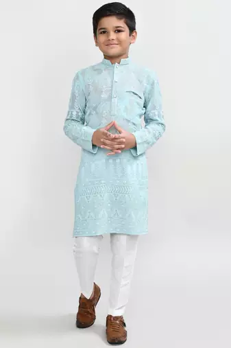 Kids boy aqua blue georgette straight kurta pant set