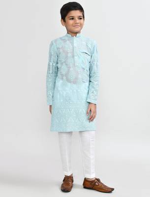 Kids boy aqua blue georgette straight kurta pant set 2