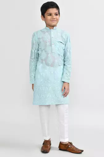 Kids boy aqua blue georgette straight kurta pant set