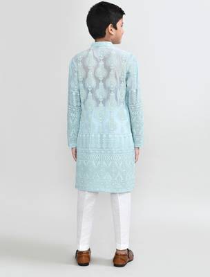Kids boy aqua blue georgette straight kurta pant set 3