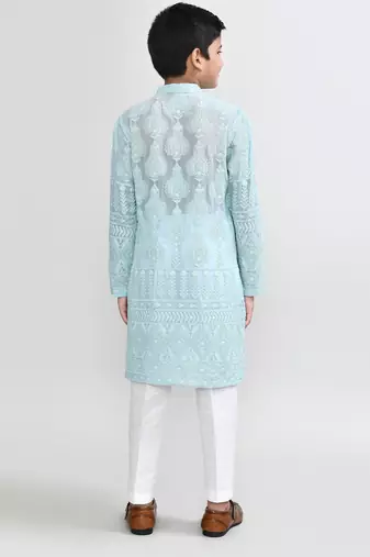 Kids boy aqua blue georgette straight kurta pant set