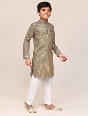 Kids boy gold satin cotton straight kurta pant set 2