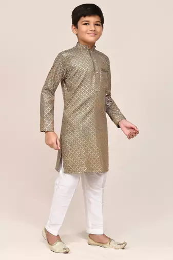 Kids boy gold satin cotton straight kurta pant set