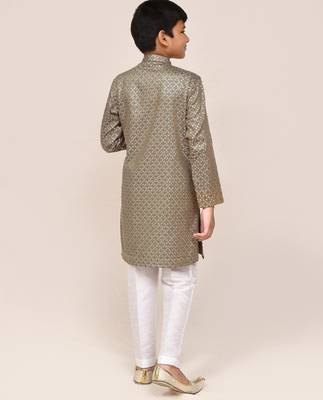 Kids boy gold satin cotton straight kurta pant set 3
