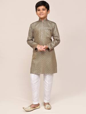 Kids boy gold satin cotton straight kurta pant set 1