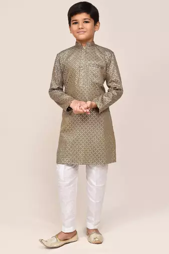 Kids boy gold  satin cotton straight kurta pant set