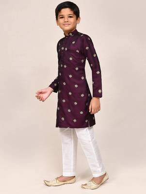 Kids boy maroon satin silk blend straight kurta pant set 2