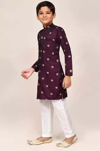 Kids boy maroon satin silk blend straight kurta pant set