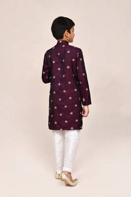 Kids boy maroon satin silk blend straight kurta pant set 3