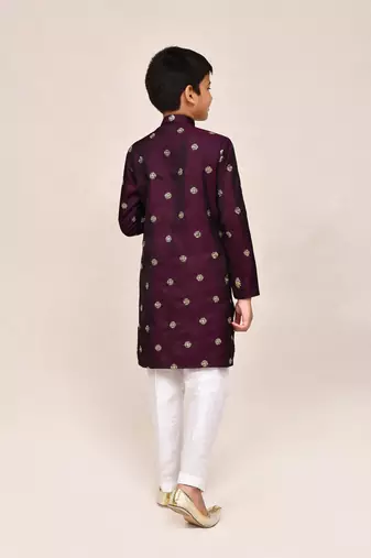 Kids boy maroon satin silk blend straight kurta pant set