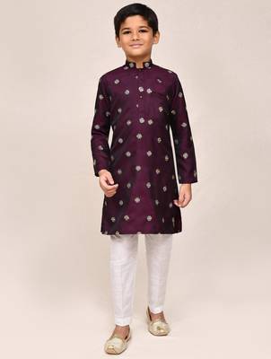 Kids boy maroon satin silk blend straight kurta pant set 1