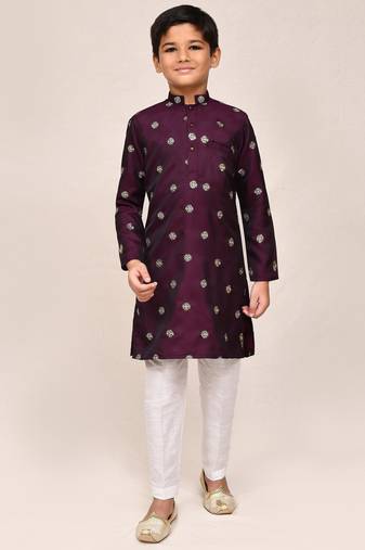 Kids boy maroon satin silk  straight kurta pant set