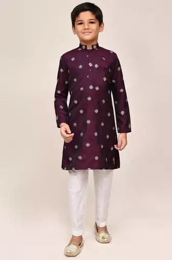 Kids boy maroon satin silk  straight kurta pant set