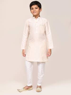 Kids boy cream cotton straight kurta pant set 1