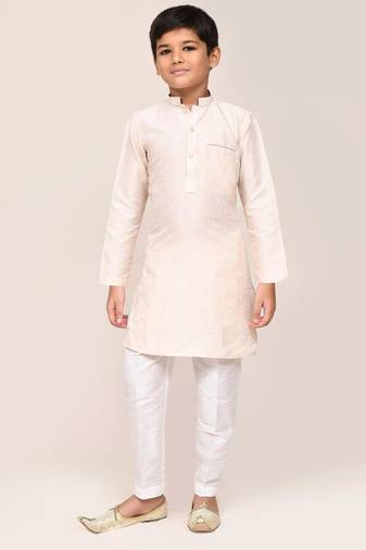 Kids boy cream cotton straight kurta pant set