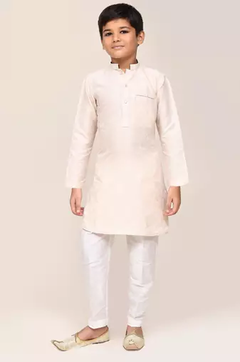 Kids boy cream cotton straight kurta pant set