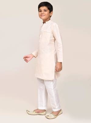 Kids boy cream cotton straight kurta pant set 2