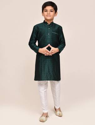 Kids boy bottle green jacquard silk blend straight kurta pant set 1