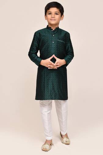 Kids boy bottle green jacquard silk straight kurta pant set