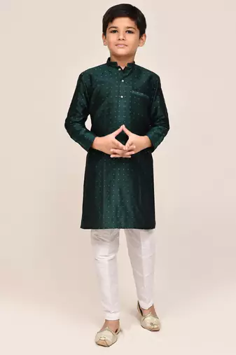 Kids boy bottle green jacquard silk straight kurta pant set