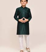 Kids boy bottle green jacquard silk straight kurta pant set