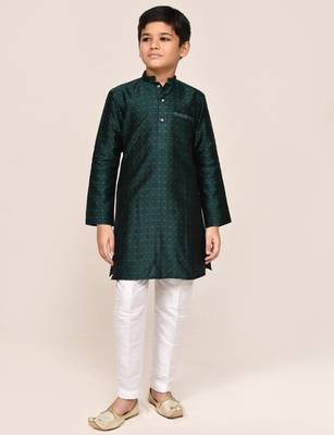Kids boy bottle green jacquard silk blend straight kurta pant set 2